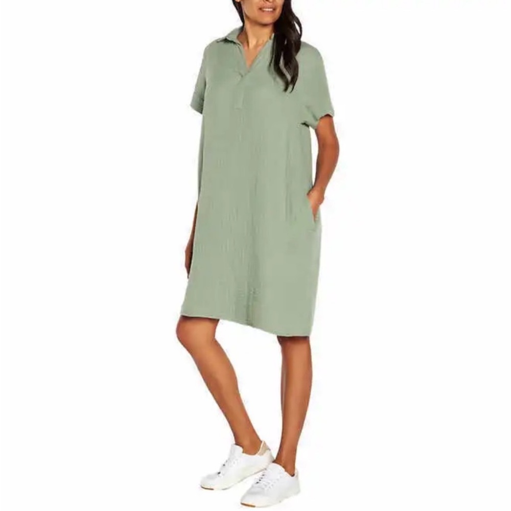 NWT Three Dots Double Gauze 100% Cotton Button-Up High-Low Green Shirtdress